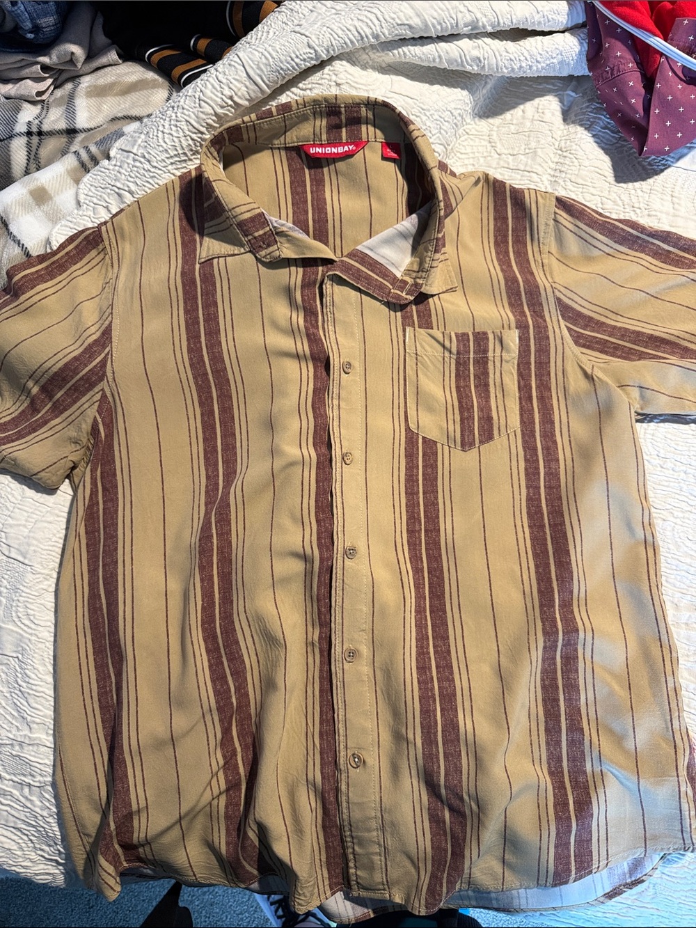 UNIONBAY Short Sleeve Button-Down Shirt in Tan and Brown Stripes